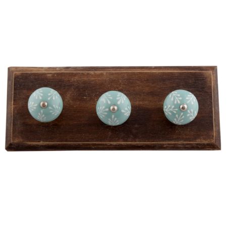 Sea Green Leaf Floral Ceramic Wooden Hooks 